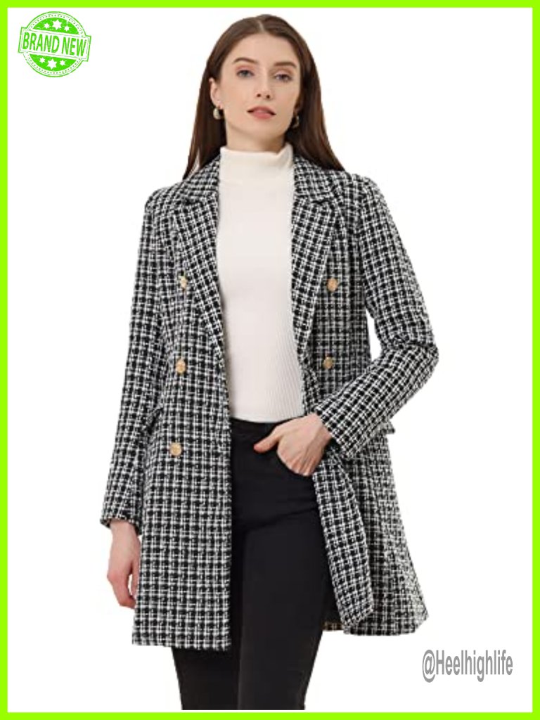 Tweed Blazers Double Breasted Long Jacket Plaid Coat